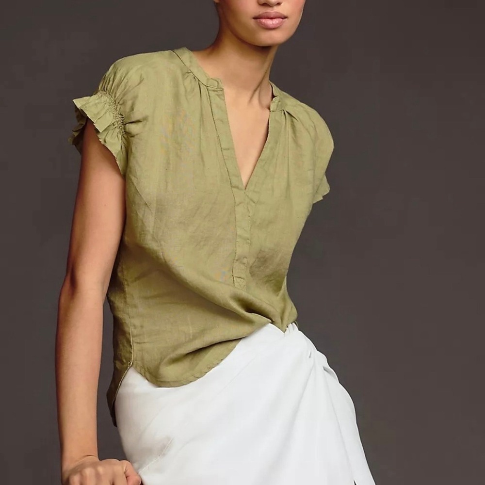 Pilcro Olive Green Short Sleeve V-Neck Blouse Cotton Cottagecore